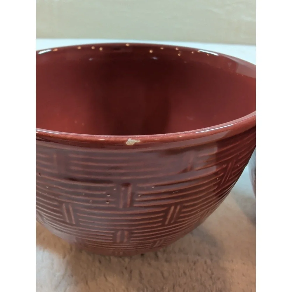 Pier 1 Rattan Weave Red Earthenware Coffee Mugs‎ Set of 2 Burgundy Basketweave